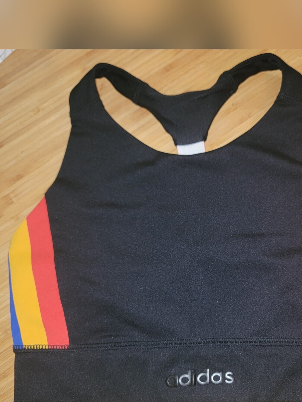 Adidas Black Racerback Sports Bra with Red Yellow Blue Side Stripes